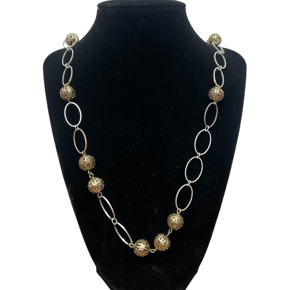 Vintage‎ Two Tone Filigree Ball Link Chain Necklace Long 34.5" Mixed Metal VTG
